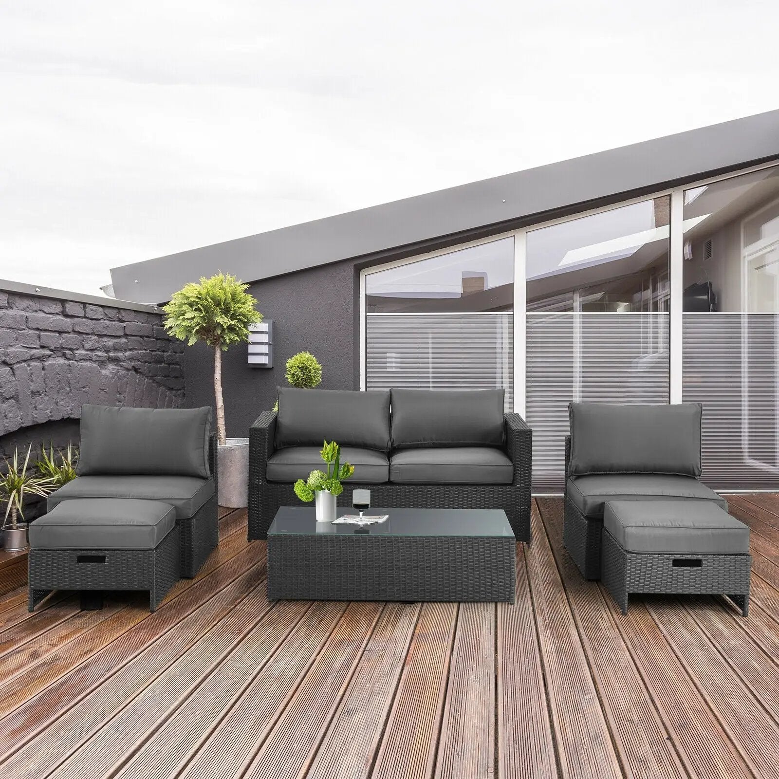6 Pieces Patio Rattan Furniture Set with Glass Table and Cushioned Seat-Gray by DirectDeals