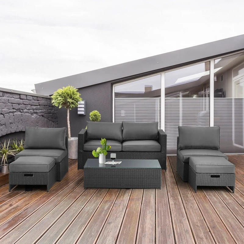 6 Pieces Patio Rattan Furniture Set with Glass Table and Cushioned Seat-Gray by DirectDeals