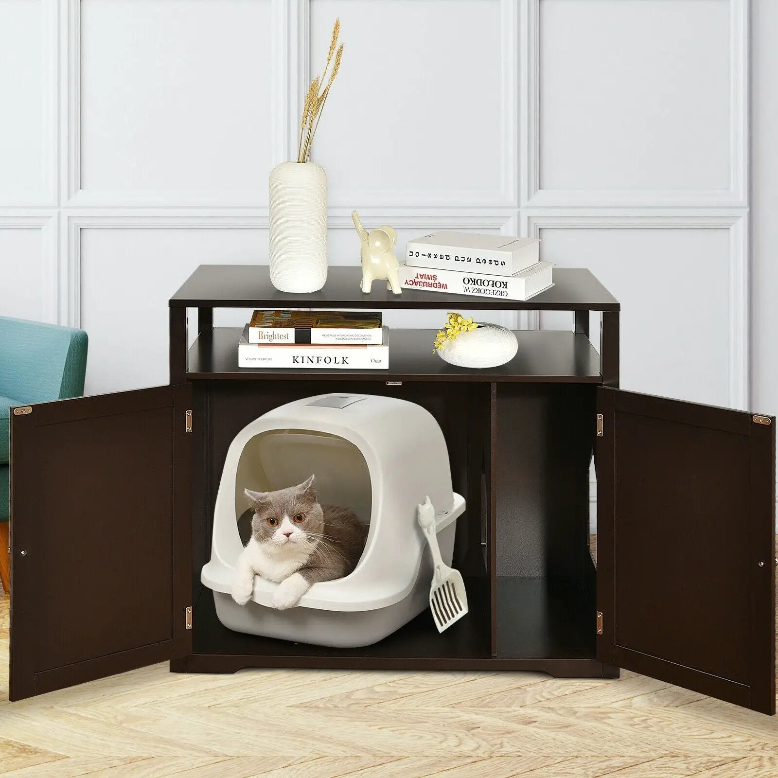 Wooden Cat Litter Box Enclosure Hidden Cat Washroom with Storage Layer by DirectDeals