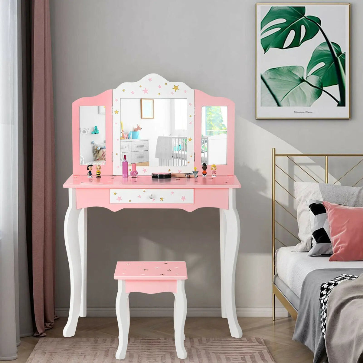 Kids Princess Vanity Table and Stool Set with Tri-folding Mirror and Drawer, photo 6 of 9