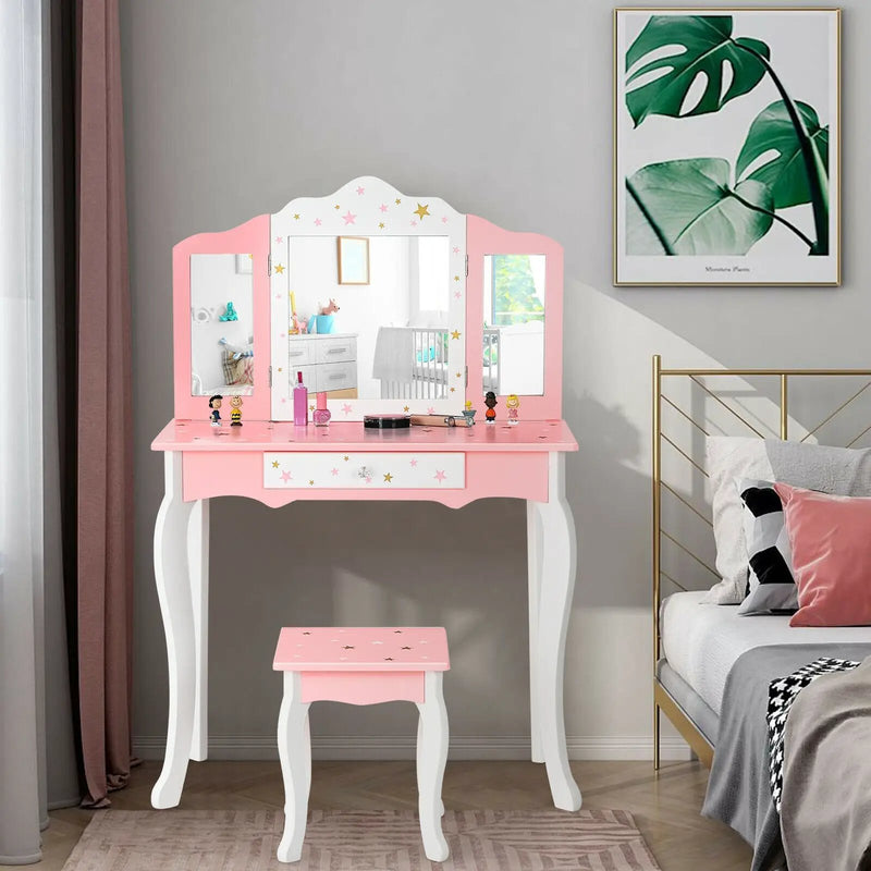 Kids Princess Vanity Table and Stool Set with Tri-folding Mirror and Drawer by DirectDeals