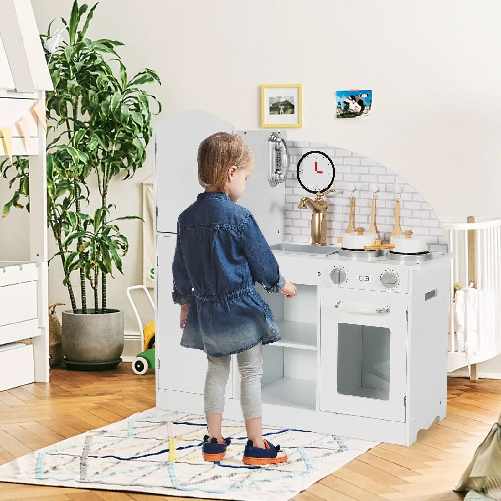 Kids Kitchen Playset Pretend Play Cooking Set with Vivid Faucet and Telephone by DirectDeals