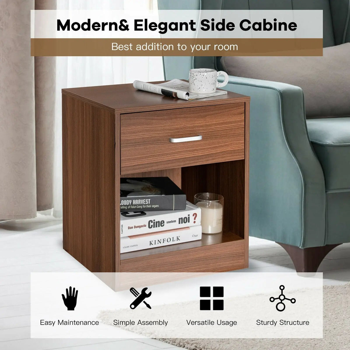 2 Pieces Nightstand with Storage Drawer and Cabinet, photo 3 of 16