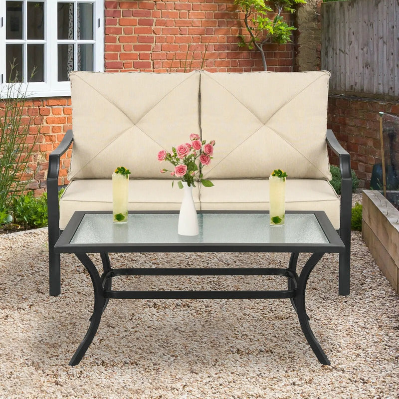 2 Pieces Patio Outdoor Cushioned Sofa Bench with Coffee Table-Beige by DirectDeals