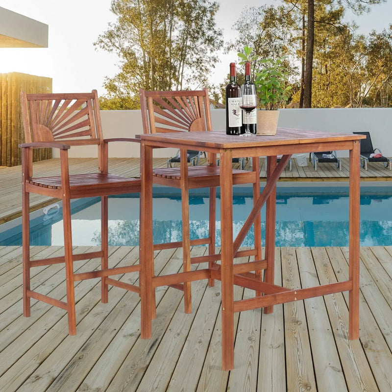 3 Pieces Acacia Wood Patio Bar Set with Sunflower Patterned Backrest by DirectDeals