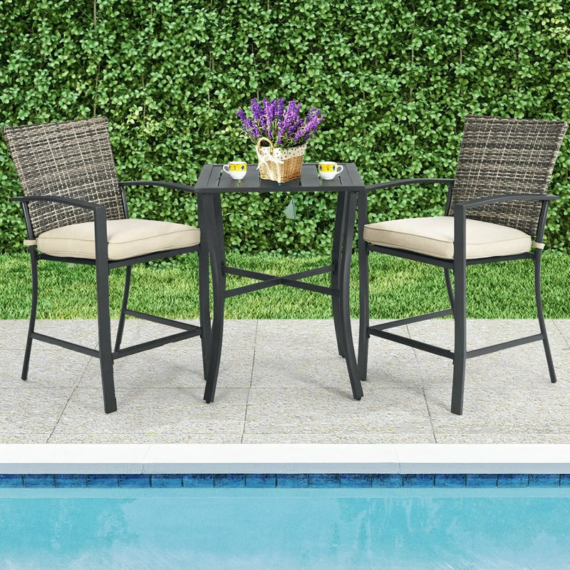 3 Pieces Rattan Bar Furniture Set with Slat Table and 2 Cushioned Stools by DirectDeals