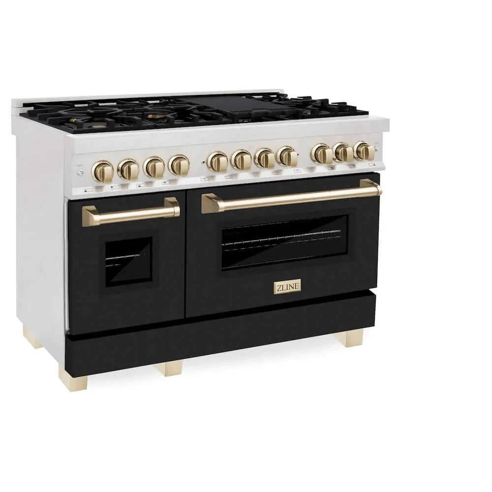 ZLINE 48" Autograph, Dual Fuel Range, Black Door, Gold, RASZ-BLM-48-G by Farmhouse Kitchen and Bath