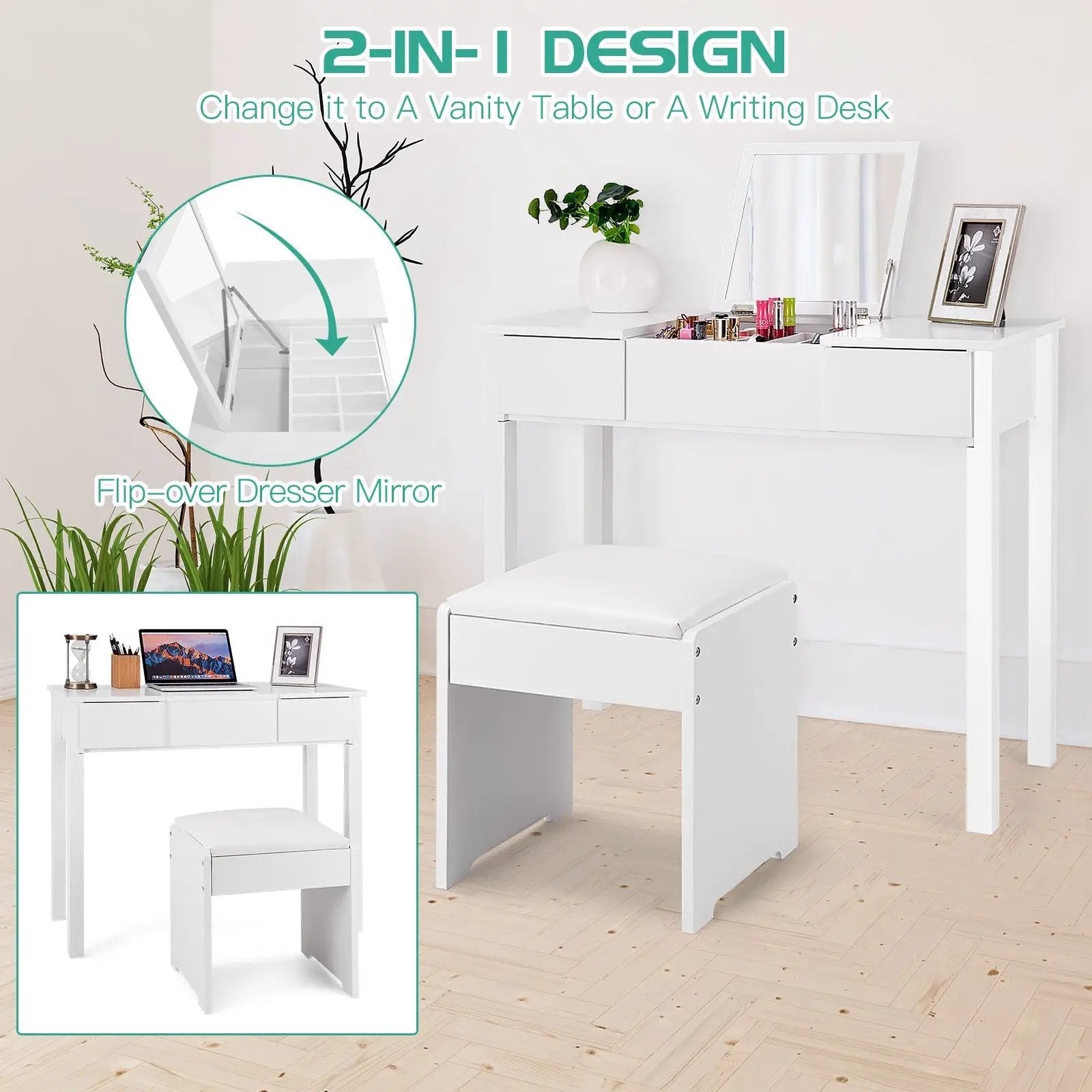 Vanity Makeup Dressing Table Set with Flip Top Mirror and Cushioned Stool by DirectDeals