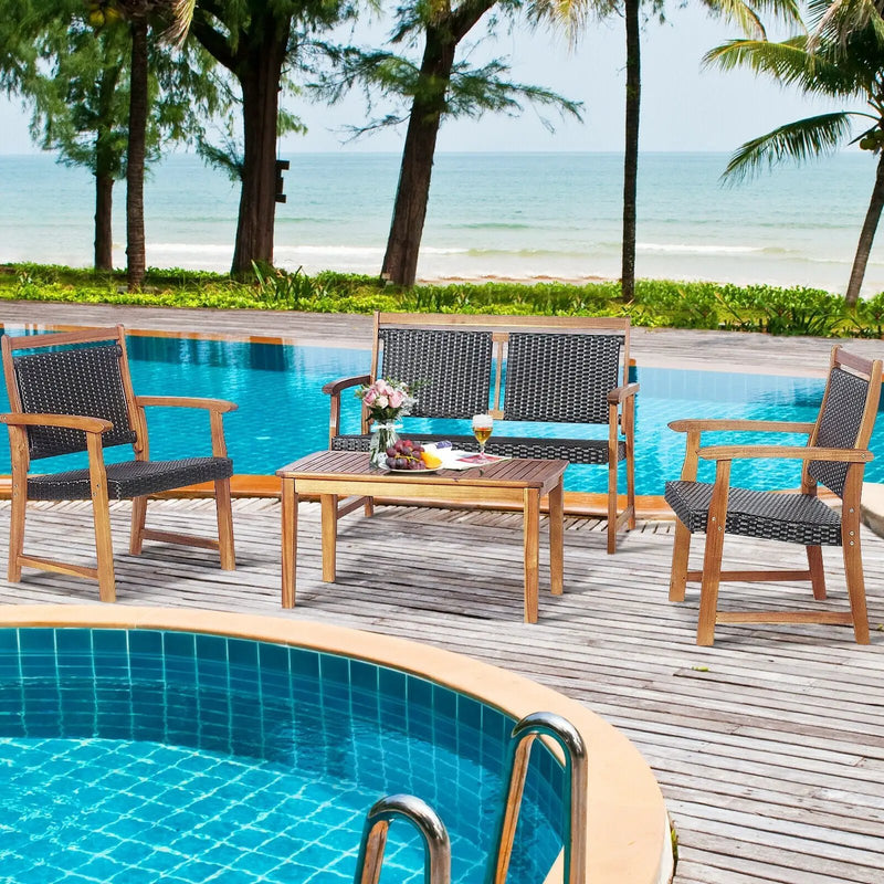 4 Pieces Outdoor Patio Rattan Furniture Sofa Set with Acacia Wood Frame by DirectDeals