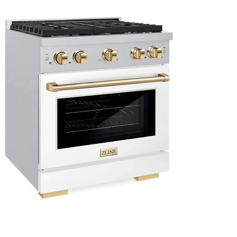 ZLINE 30"Paramount Dual Fuel Range DuraSnow® White Matte, Gold SDRSZ-WM-30-G by Farmhouse Kitchen and Bath