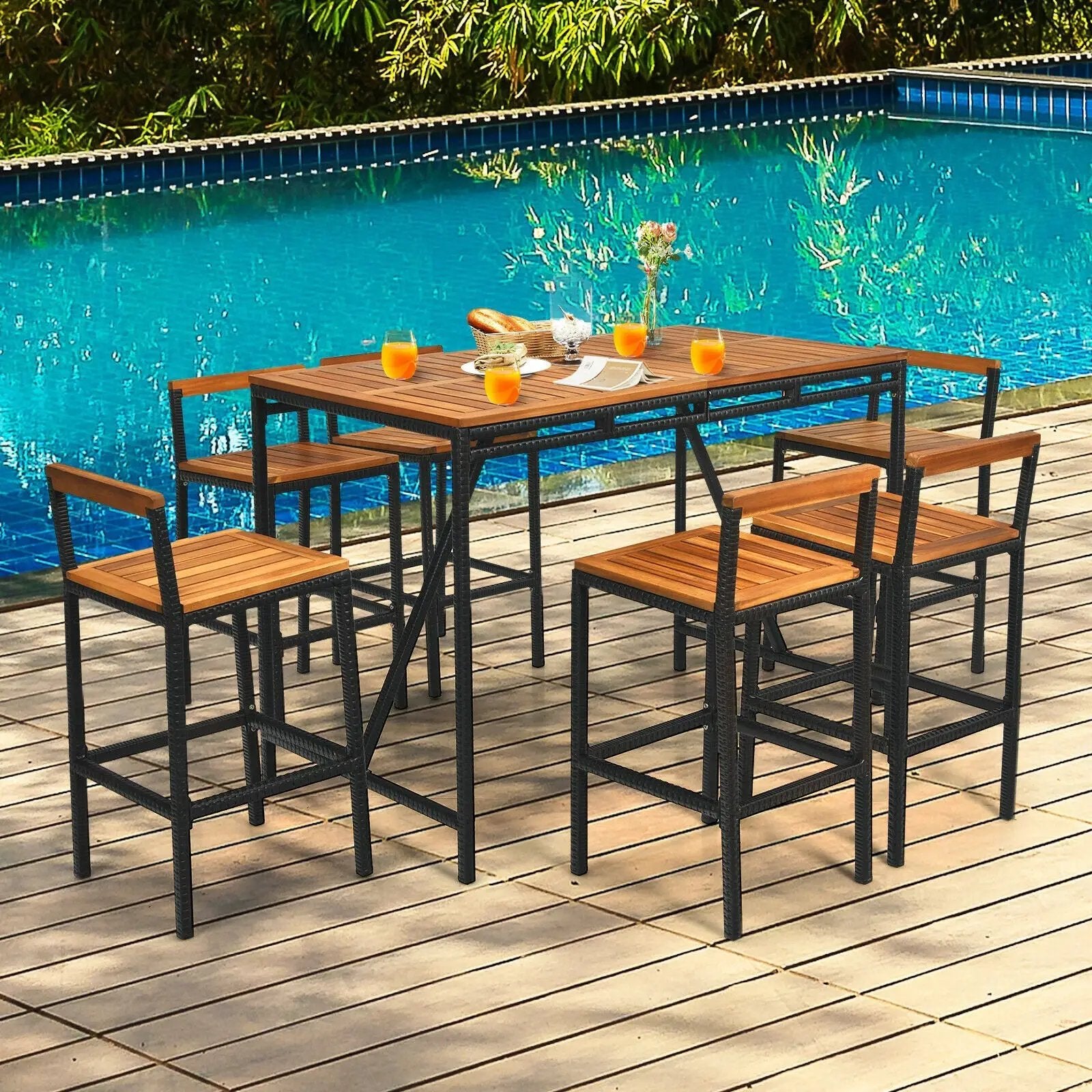 7 Pieces Acacia Wood Patio Rattan Bar Set with Umbrella Hole by DirectDeals
