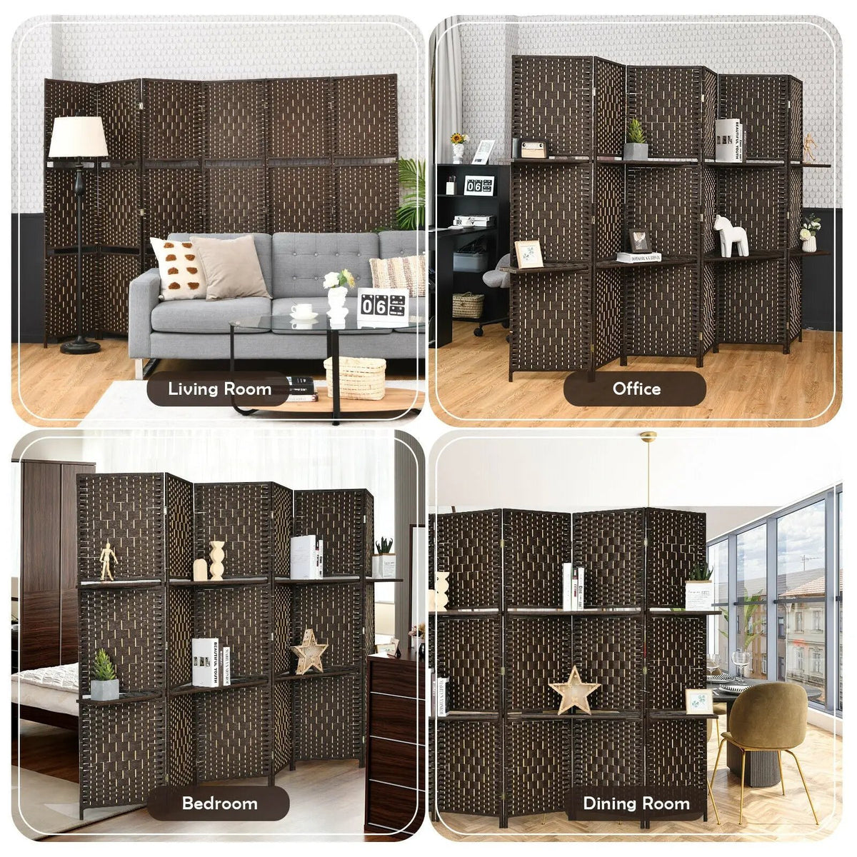 6 Panel Folding Weave Fiber Room Divider with 2 Display Shelves, photo 2 of 9