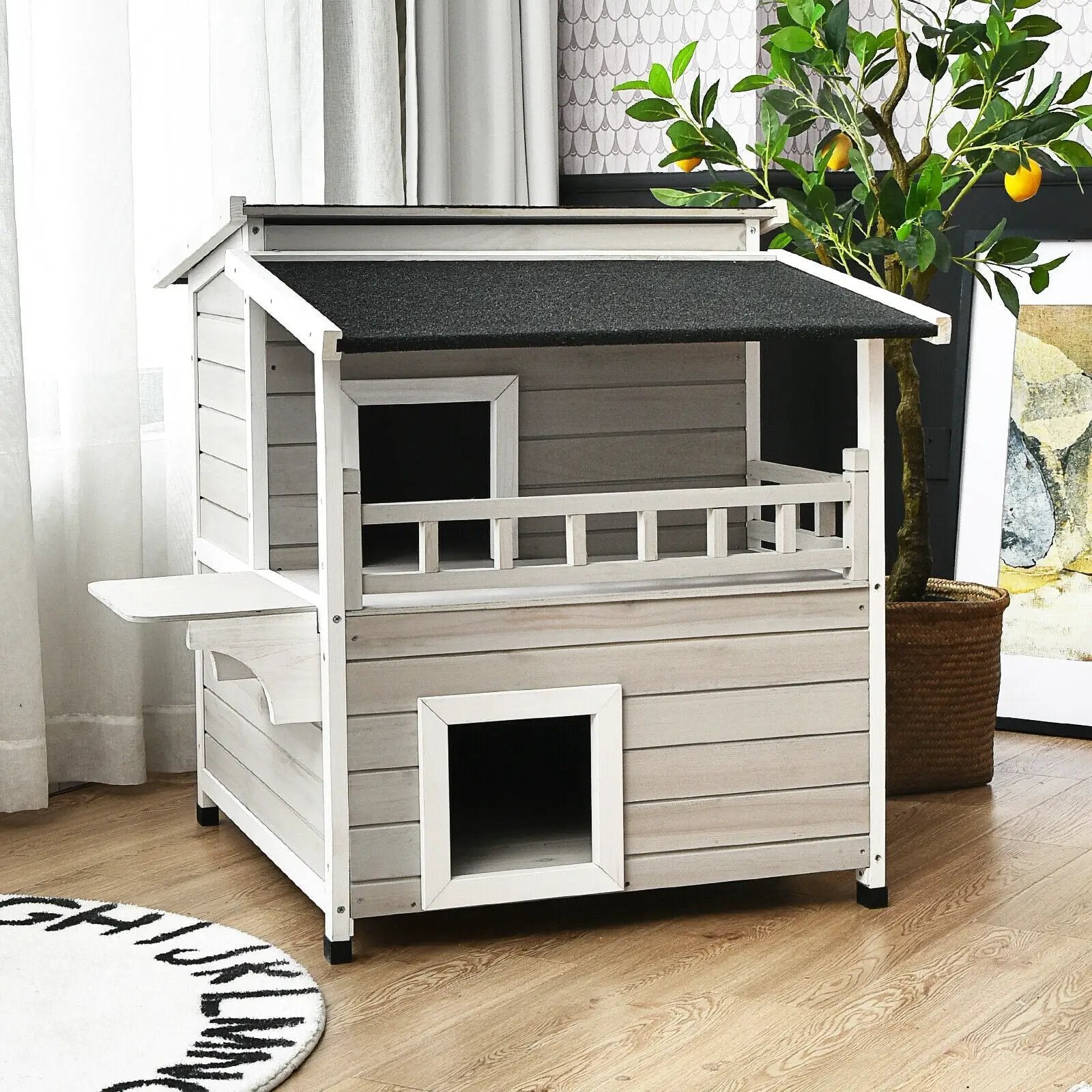 2-Story Wooden Patio Luxurious Cat Shelter House Condo with Large Balcony by DirectDeals