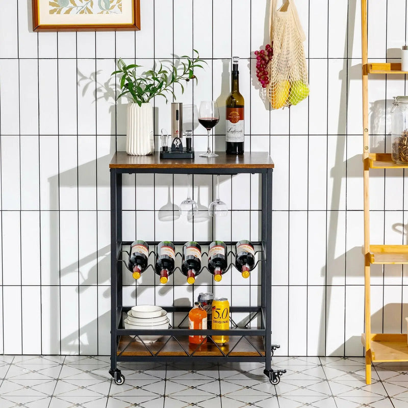 Kitchen Bar Cart Serving Trolley on Wheels with Wine Rack Glass Holder-Rustic Brown by DirectDeals
