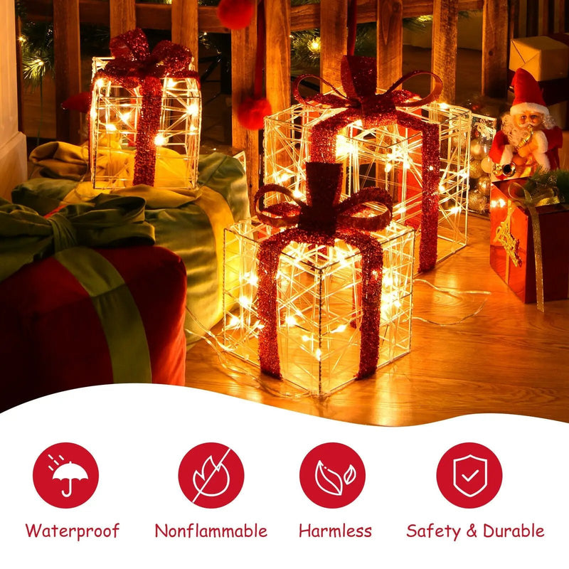 3 Pieces Christmas Lighted Gift Boxes Decorations with 60 LED Lights for Indoor and Outdoor by DirectDeals