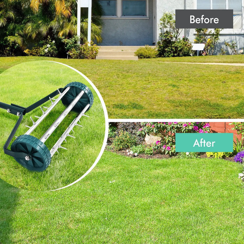 18 Inch Rolling Lawn Aerator with Anti-slip Handle and Tine Spikes by DirectDeals