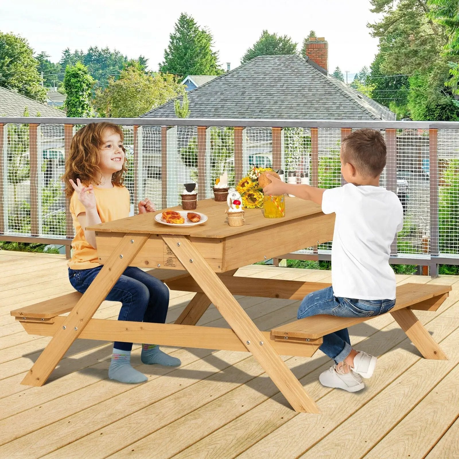 3-in-1 Kids Picnic Table Wooden Outdoor Water Sand Table with Play Boxes by DirectDeals