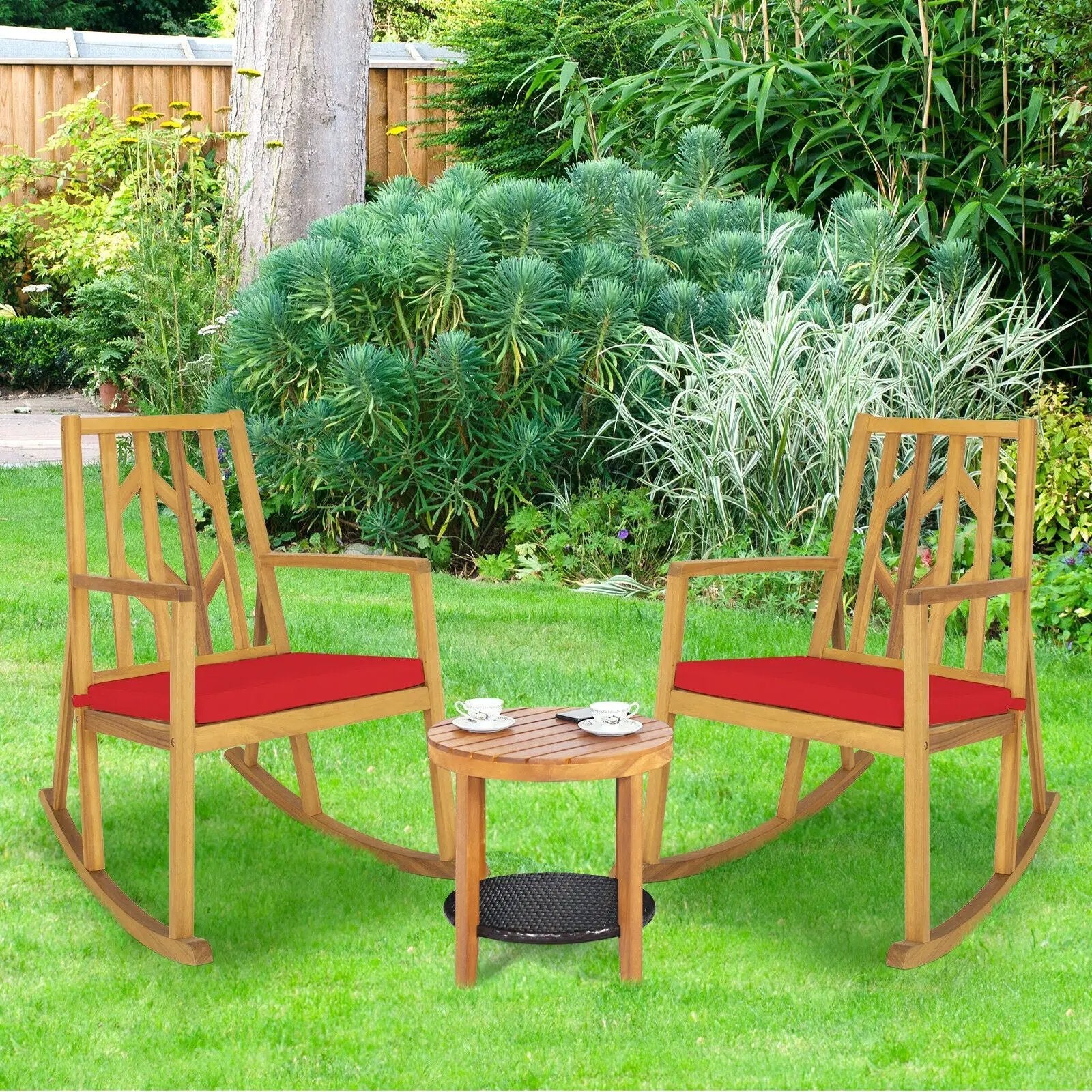 Patio Acacia Wood Rocking Chair Sofa with Armrest and Cushion for Garden and Deck by DirectDeals
