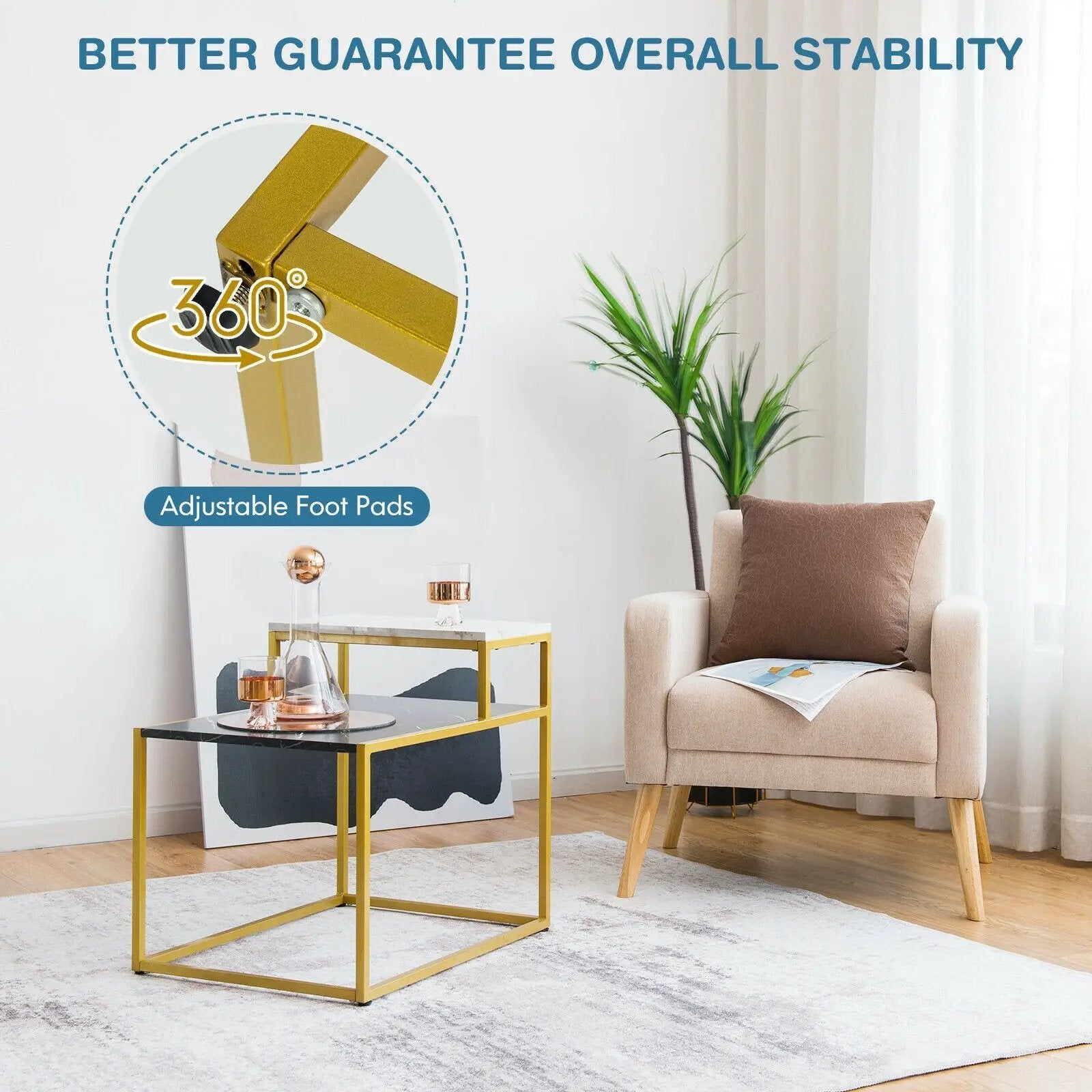 2 Tier End Side Table with Metal Frame and Storage Shelf for Living Room-White by DirectDeals