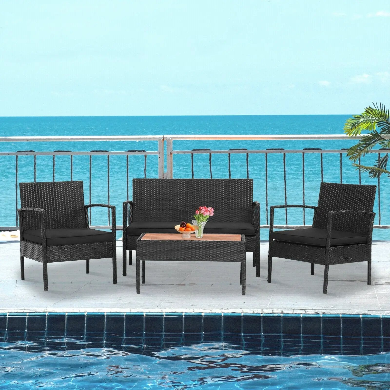 4 Pieces Patio Rattan Cushioned Furniture Set with Wooden Tabletop by DirectDeals