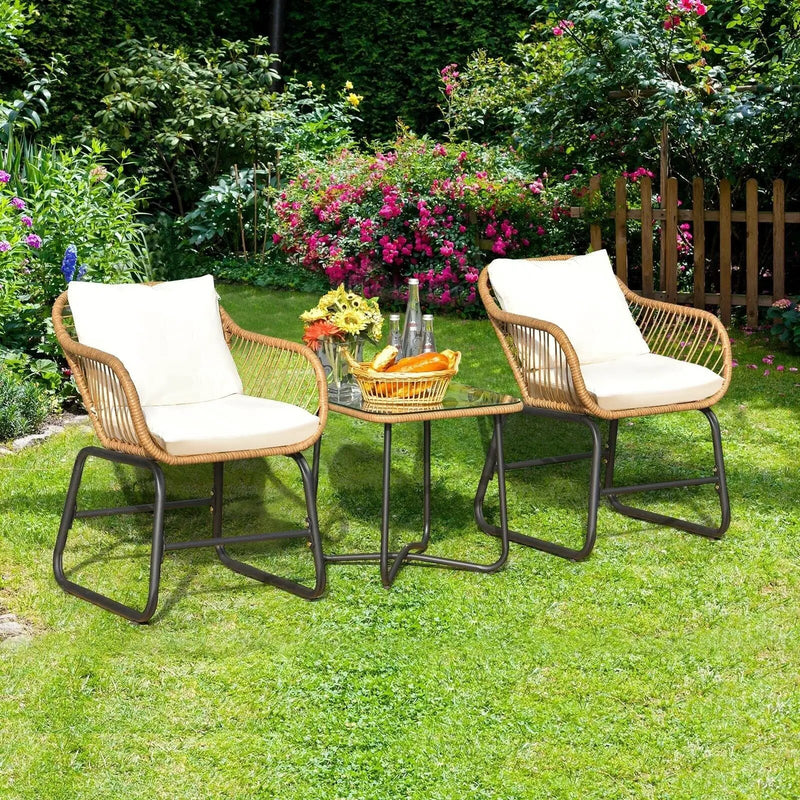 3-Piece Patio Bistro Set with 2 Rattan Chairs and Square Glass Coffee Table-White by DirectDeals