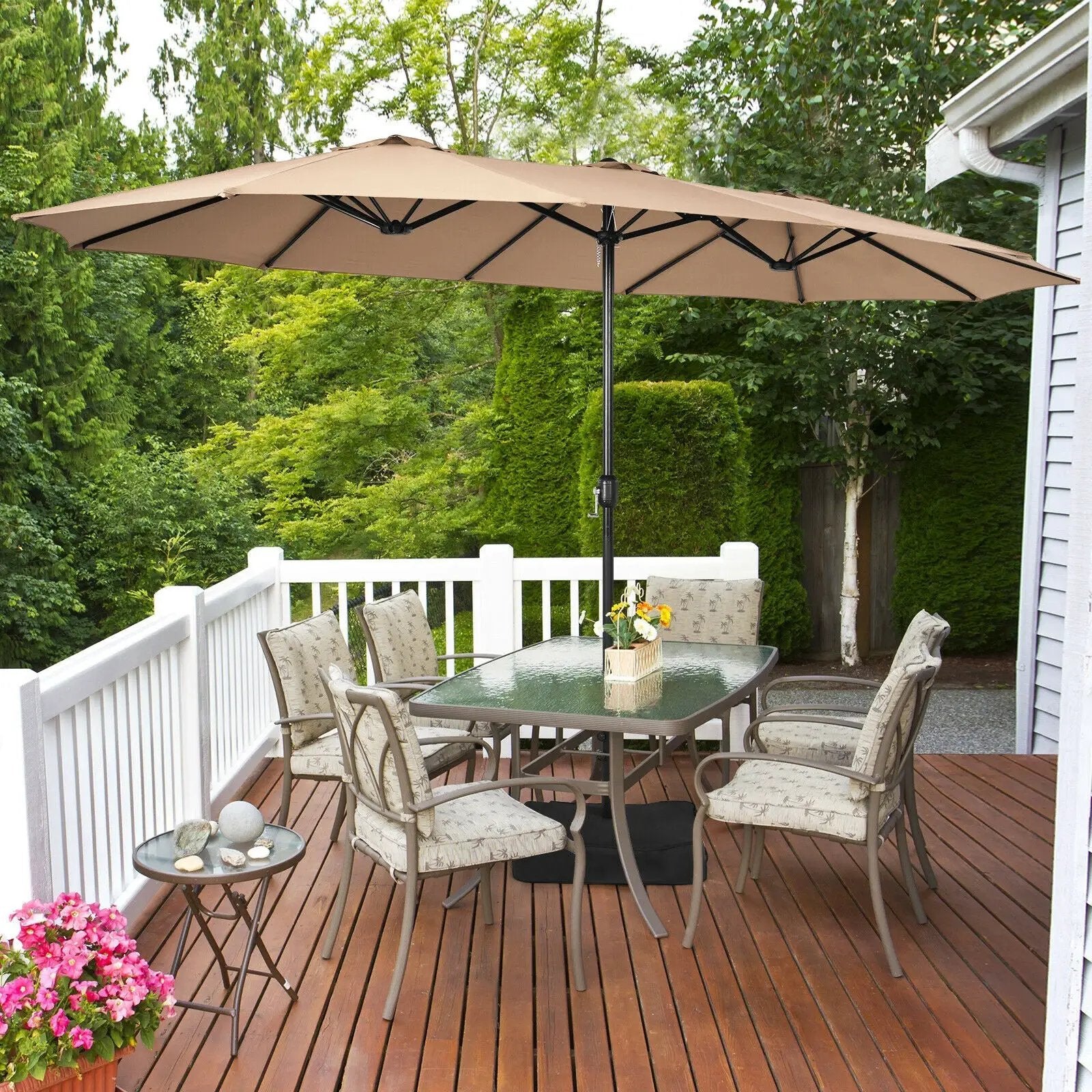 15 Feet Double-Sided Twin Patio Umbrella with Crank and Base by DirectDeals