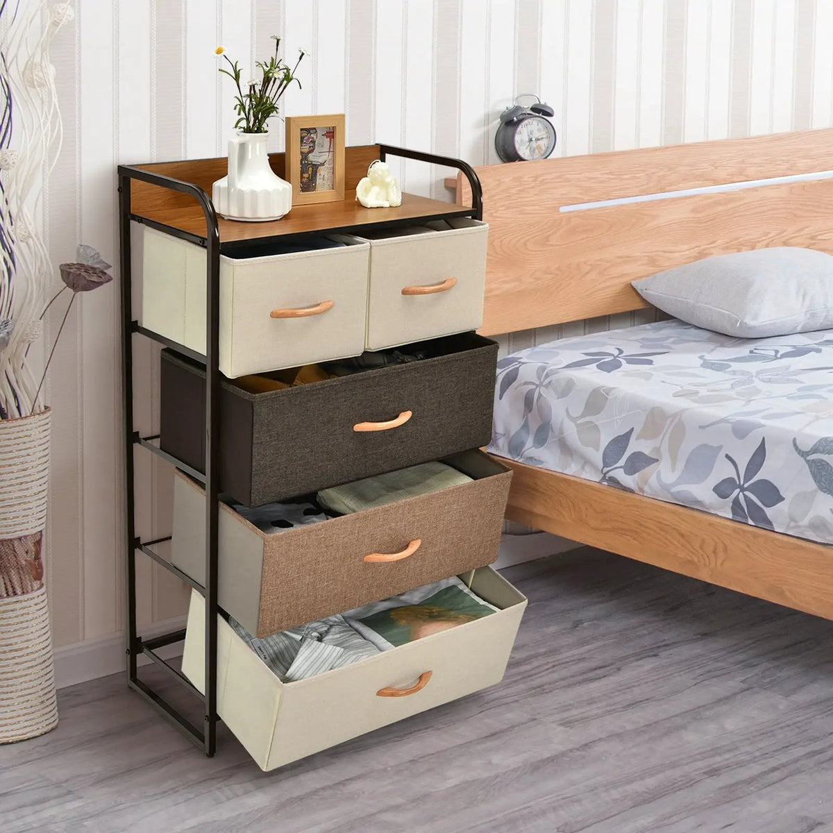 4-Tier Organizer Tower Steel Frame Wooden Top Storage with 5-Drawer Dresser, photo 5 of 9