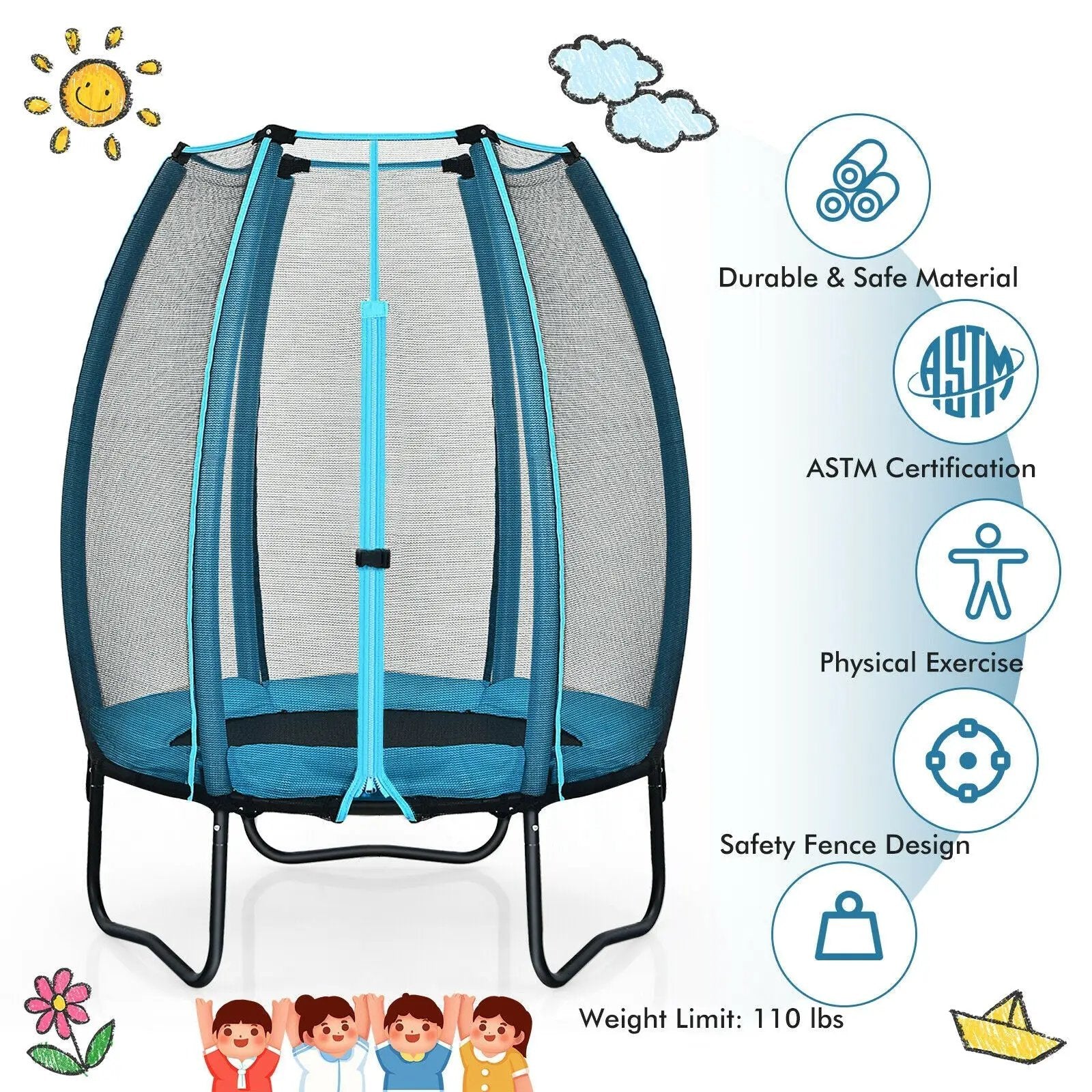 4 Feet Kids Trampoline Recreational Bounce Jumper with Enclosure Net-Blue by DirectDeals