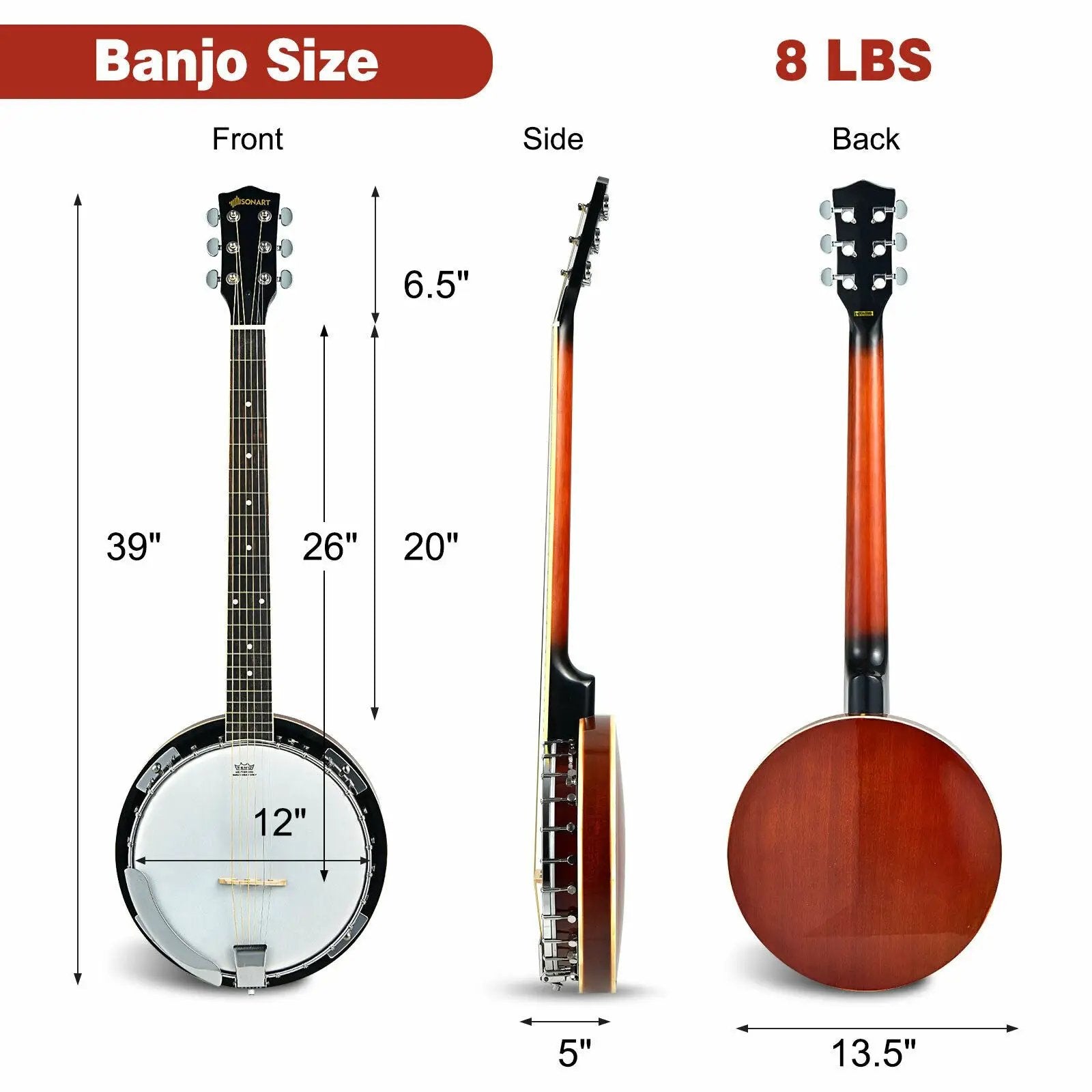 39 Inch Sonart Full Size 6 string 24 Bracket Professional Banjo Instrument with Open Back by DirectDeals