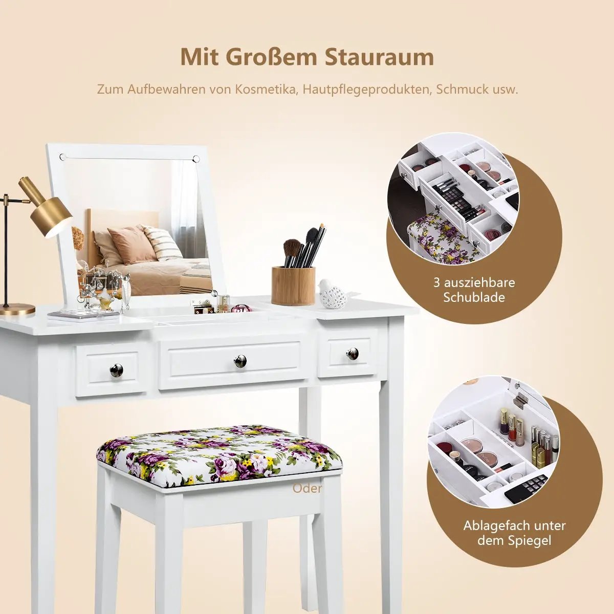 Vanity Dressing Table Set with Flip Top Mirror and 3 Drawers by DirectDeals