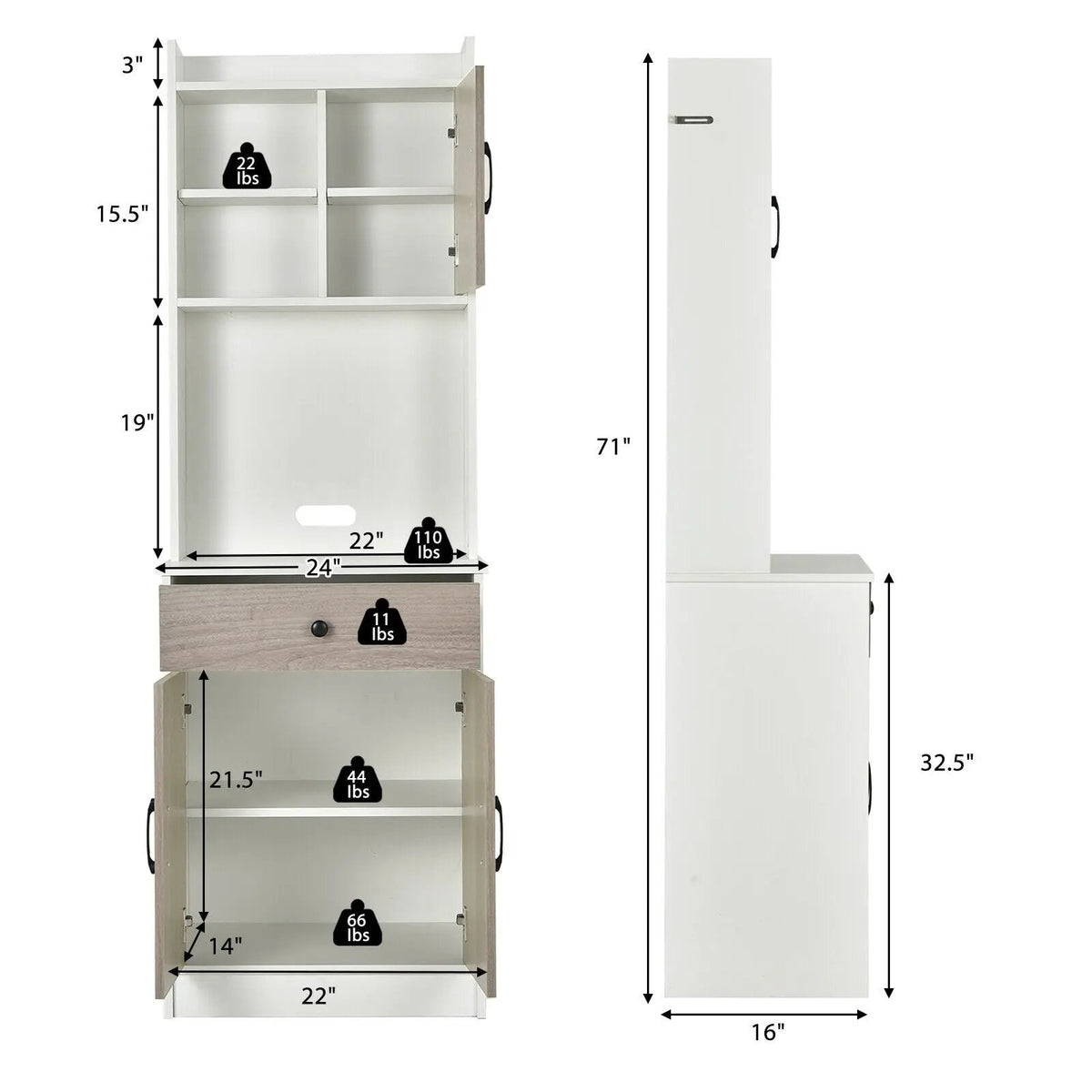 3-Door 71 Inch Kitchen Buffet Pantry Storage Cabinet with Hutch and Adjustable Shelf, photo 10 of 16