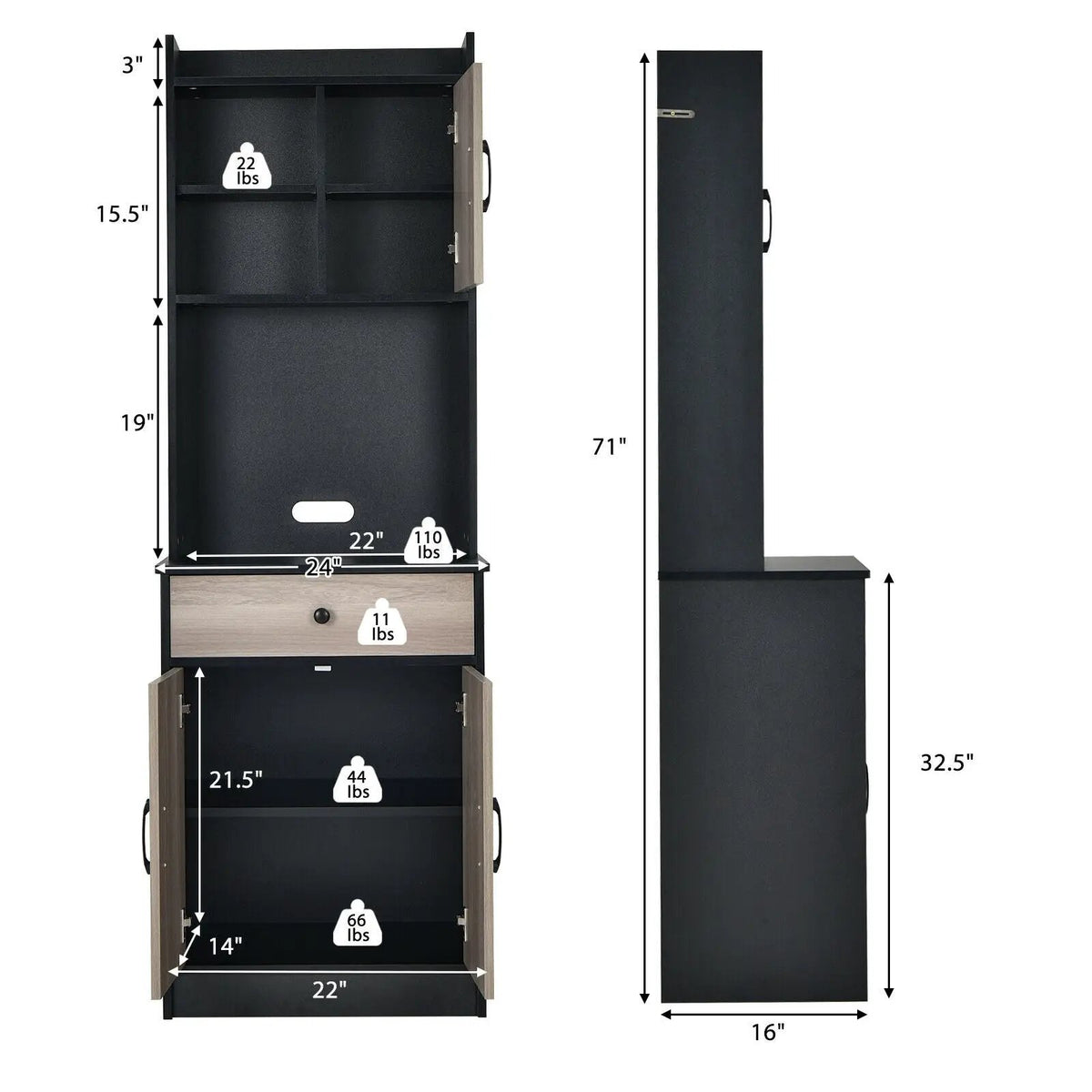 3-Door 71 Inch Kitchen Buffet Pantry Storage Cabinet with Hutch and Adjustable Shelf, photo 9 of 16