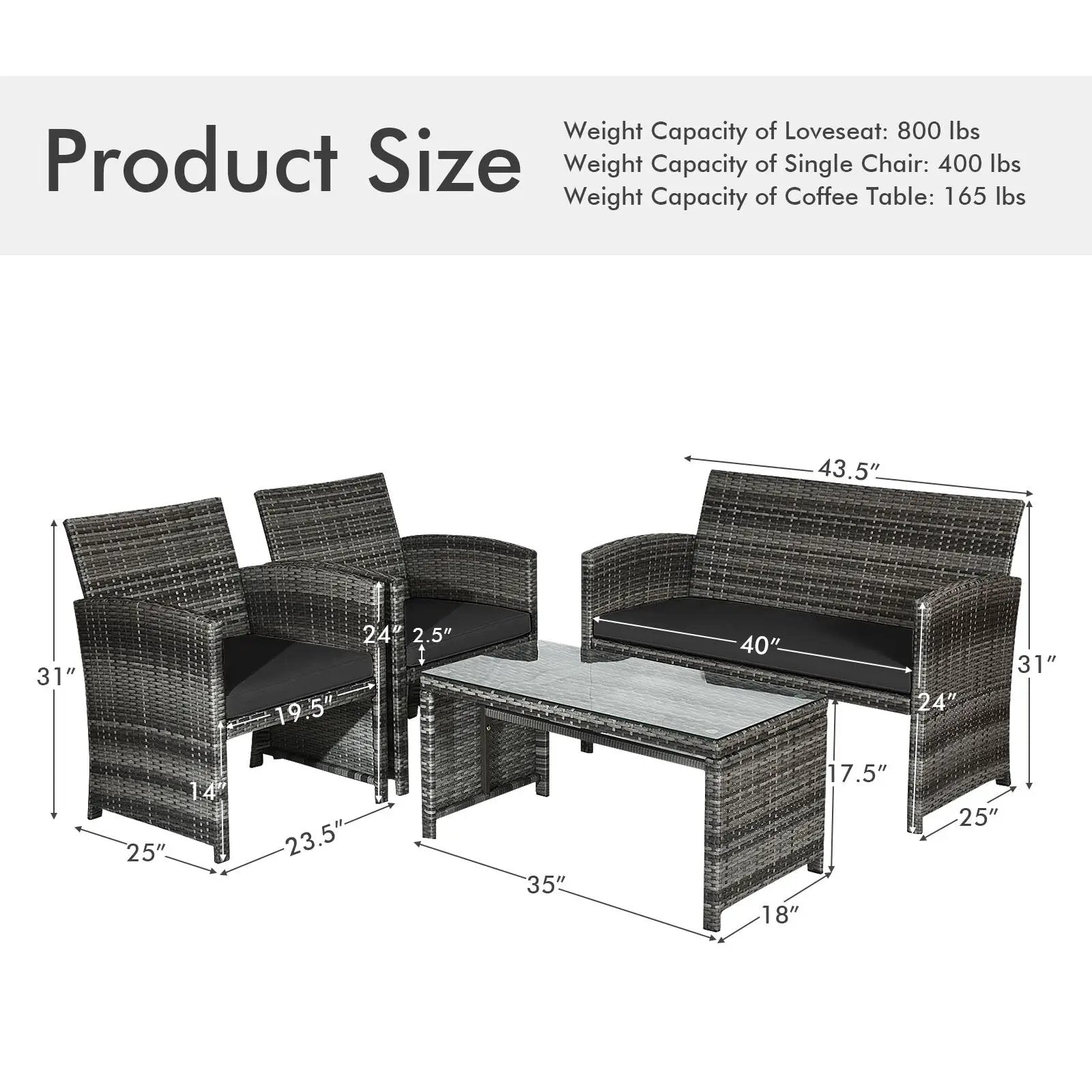 4 Pieces Patio Rattan Furniture Set with Glass Table and Loveseat-Gray by DirectDeals