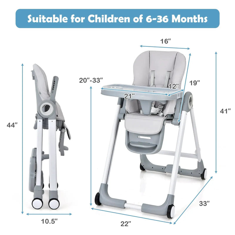 Baby Folding Convertible High Chair with Wheels and Adjustable Height by DirectDeals