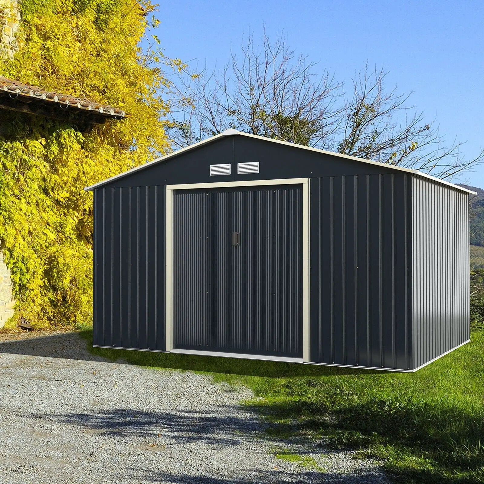 11 x 8 Feet Metal Storage Shed for Garden and Tools with 2 Lockable Sliding Doors-Gray by DirectDeals