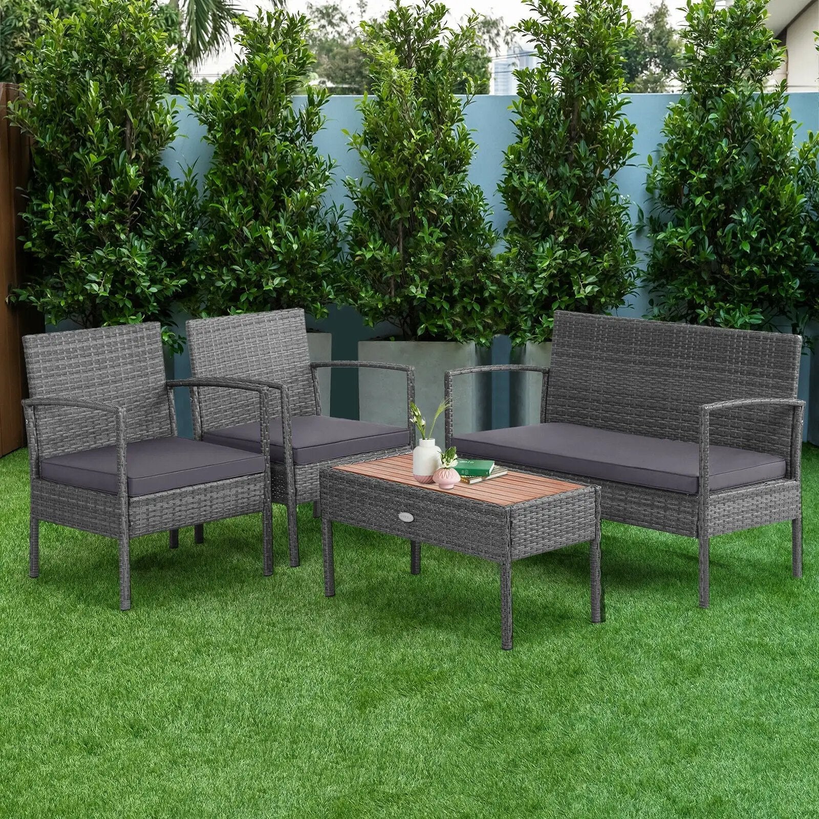 4 Pieces Rattan Patio Conversation Furniture Set with Acacia Wood Tabletop by DirectDeals