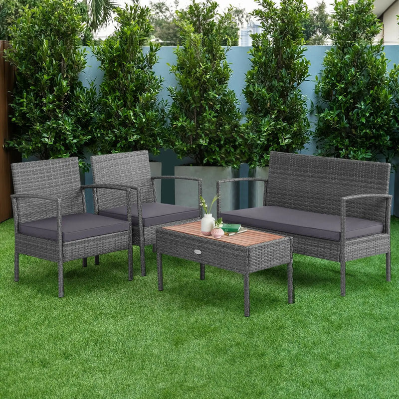 4 Pieces Rattan Patio Conversation Furniture Set with Acacia Wood Tabletop by DirectDeals