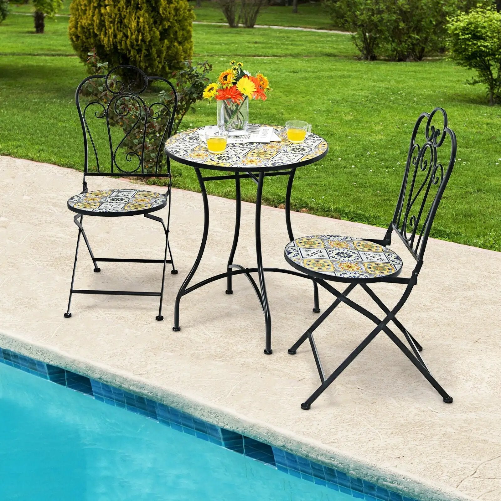 3 Pieces Patio Bistro Mosaic Design Set with Folding Chairs and Round Table by DirectDeals