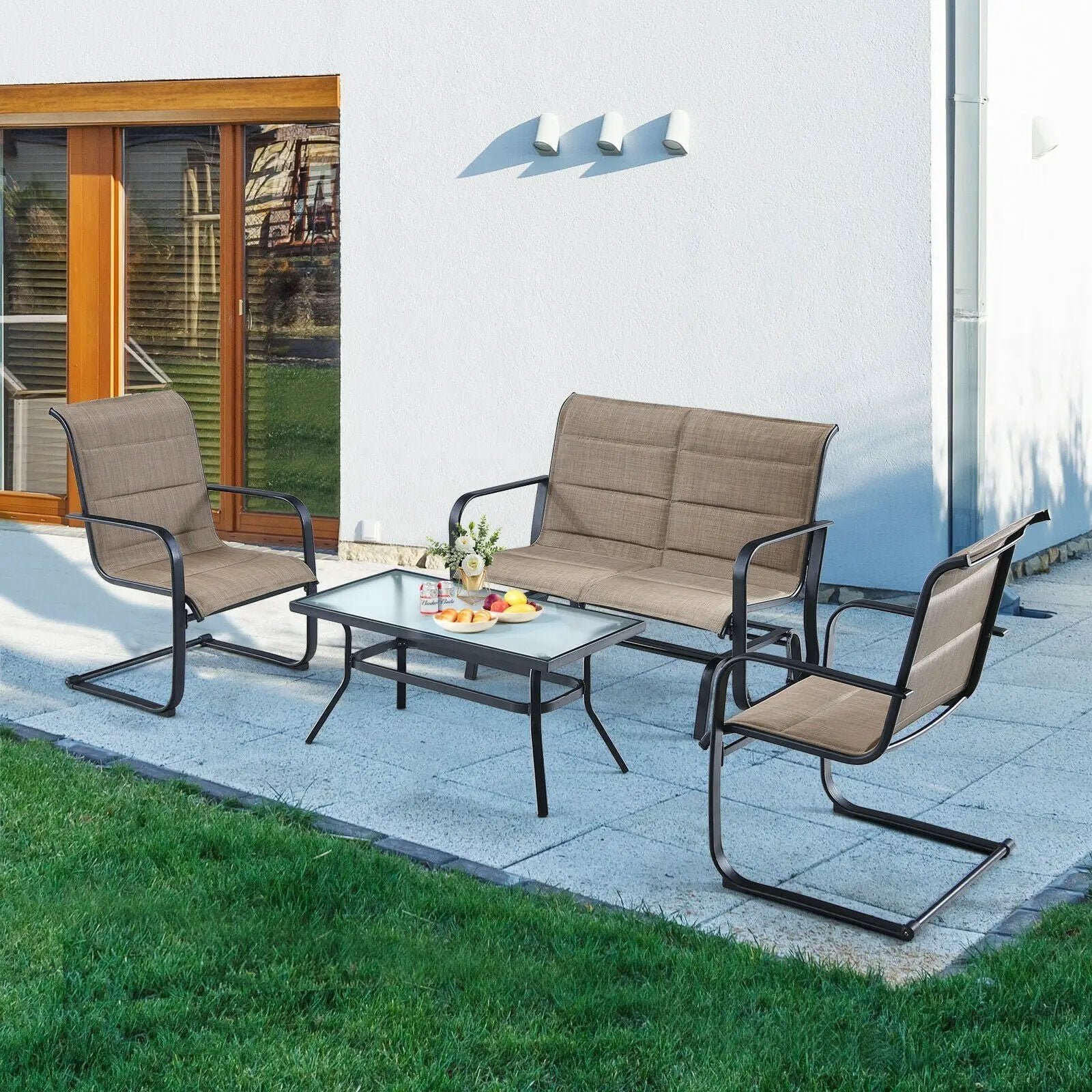 4 Pieces Outdoor Patio Furniture Set with Padded Glider Loveseat and Coffee Table-Brown by DirectDeals