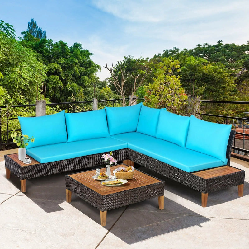 4 Pieces Patio Cushioned Rattan Furniture Set with Wooden Side Table by DirectDeals