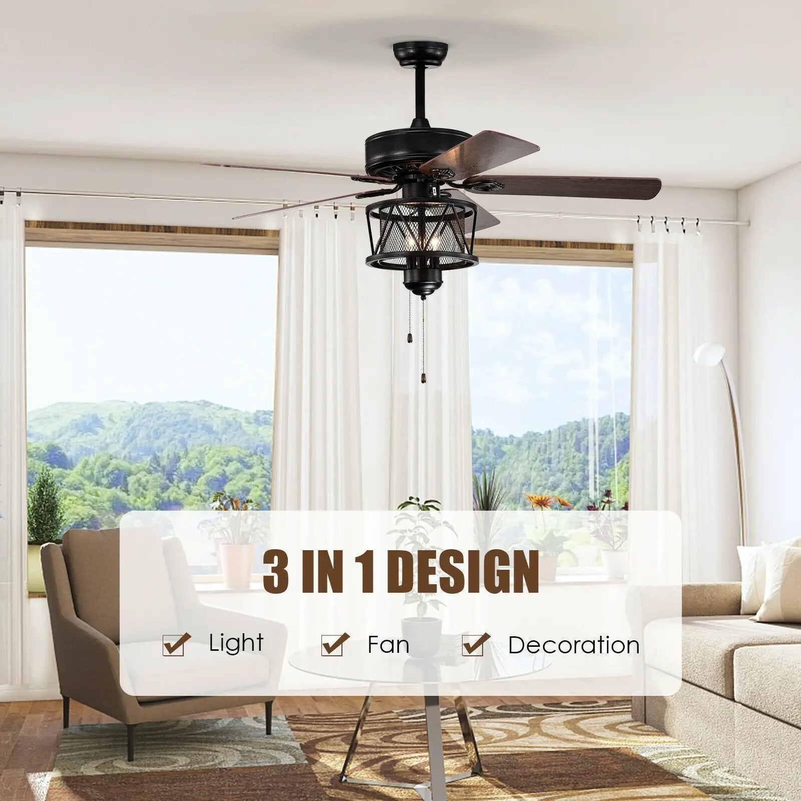 50 Inches Ceiling Fan with Lights Reversible Blades and Pull Chain Control-Black by DirectDeals