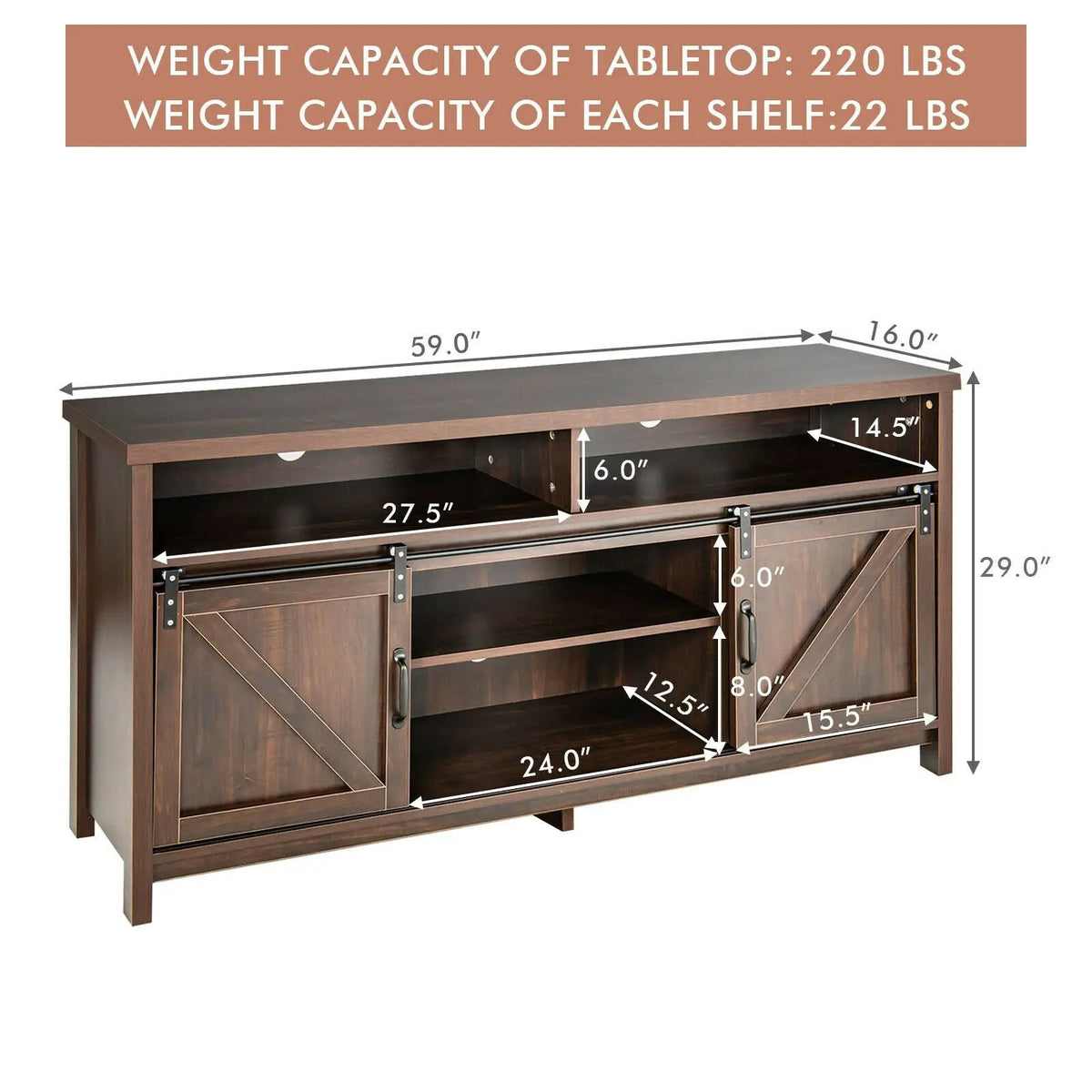 59 Inch Sliding Barn Door TV Stand with Adjustable Shelves for TVs up to 65 Inch, photo 5 of 24