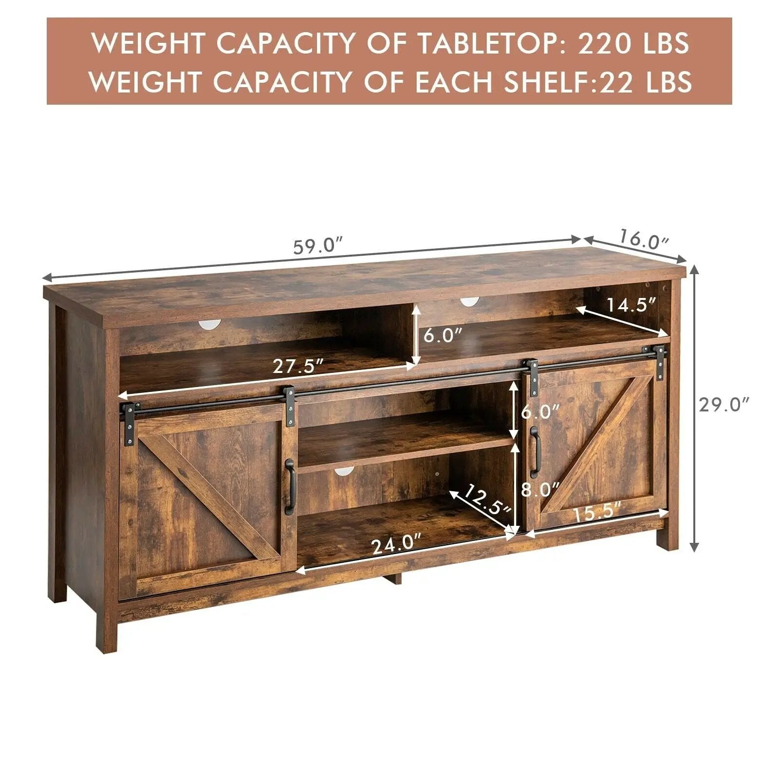 59 Inch Sliding Barn Door TV Stand with Adjustable Shelves for TVs up to 65 Inch by DirectDeals