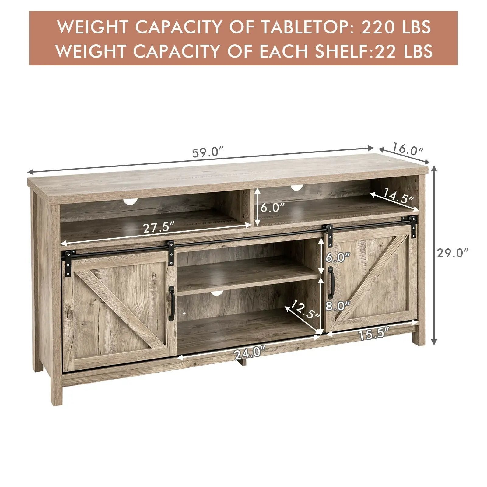 59 Inch Sliding Barn Door TV Stand with Adjustable Shelves for TVs up to 65 Inch by DirectDeals