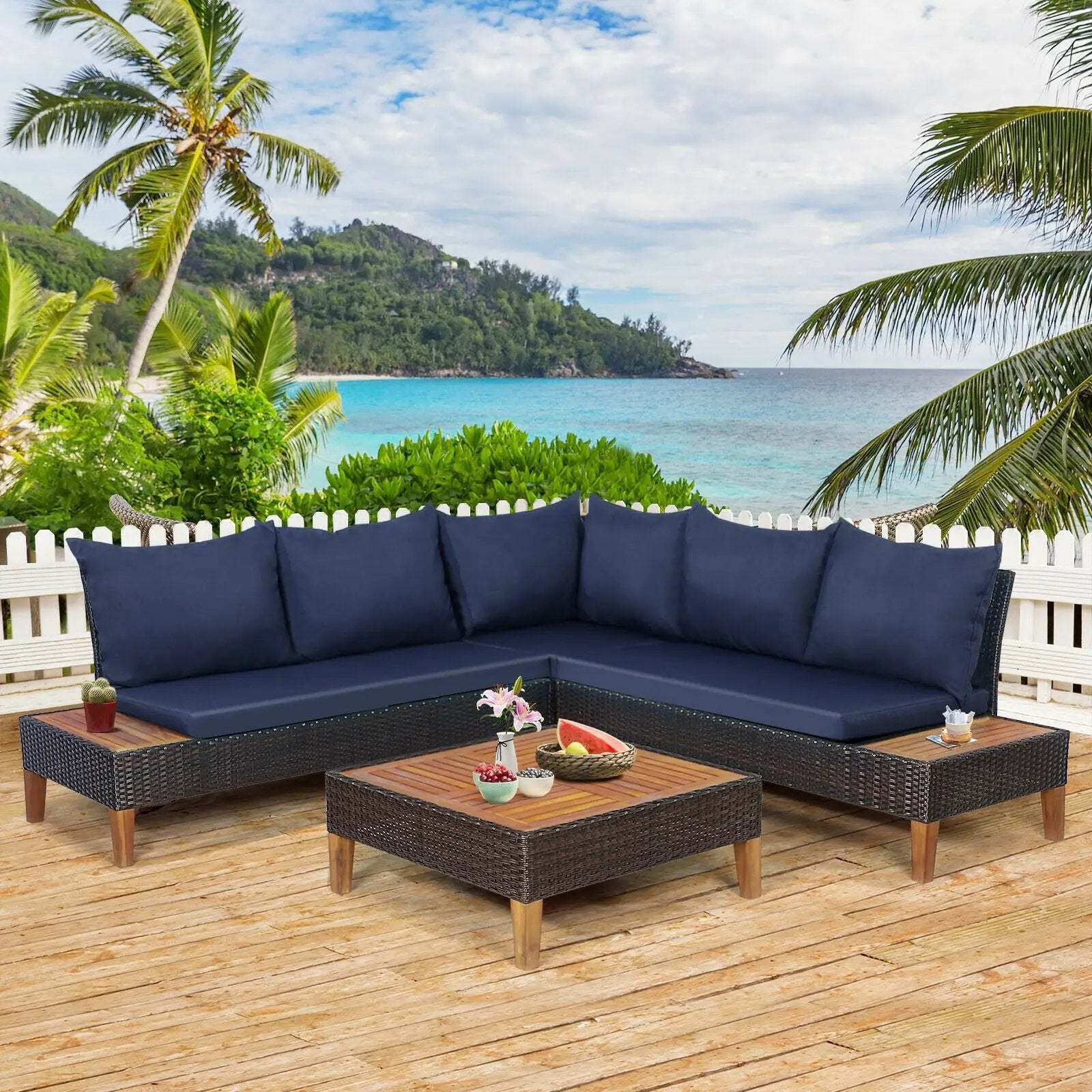 4 Pieces Patio Cushioned Rattan Furniture Set with Wooden Side Table by DirectDeals