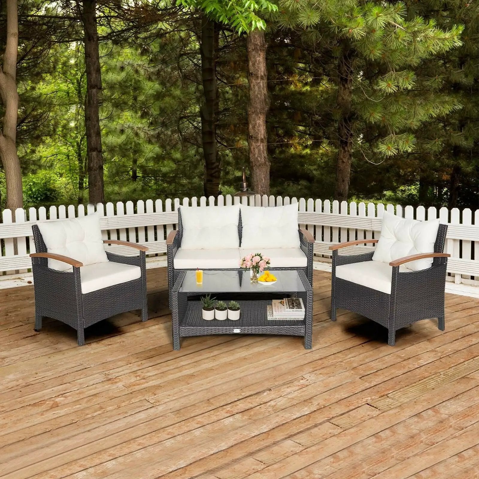4 Pieces Patio Rattan Furniture Set with Cushioned Sofa and Storage Table by DirectDeals