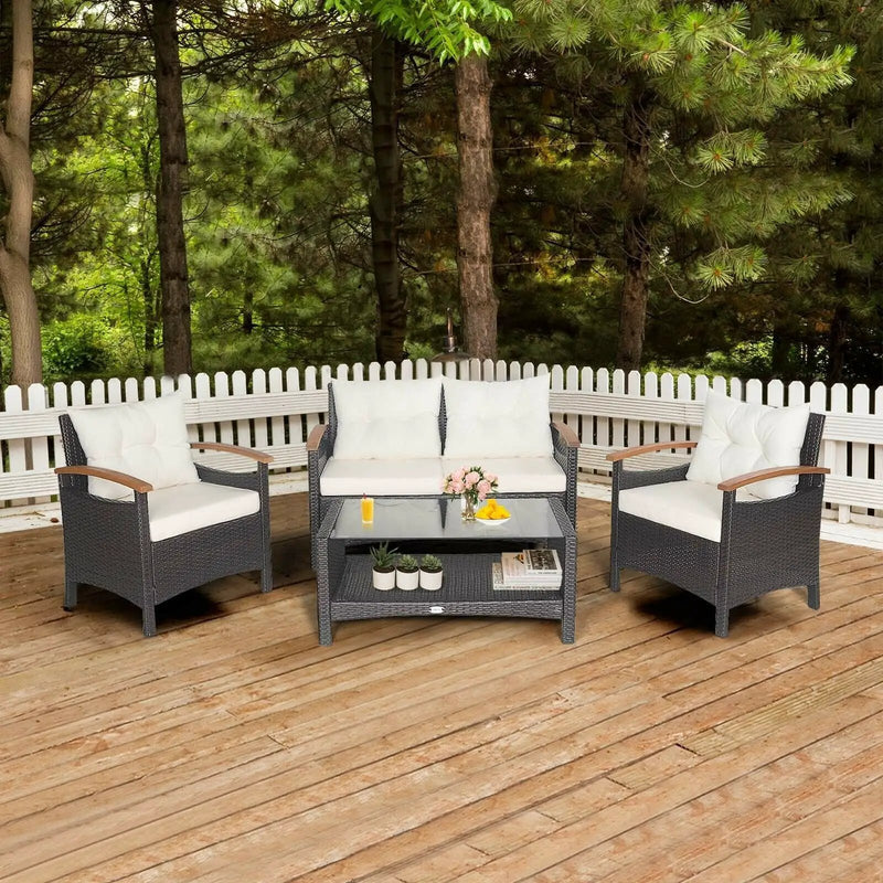 4 Pieces Patio Rattan Furniture Set with Cushioned Sofa and Storage Table by DirectDeals