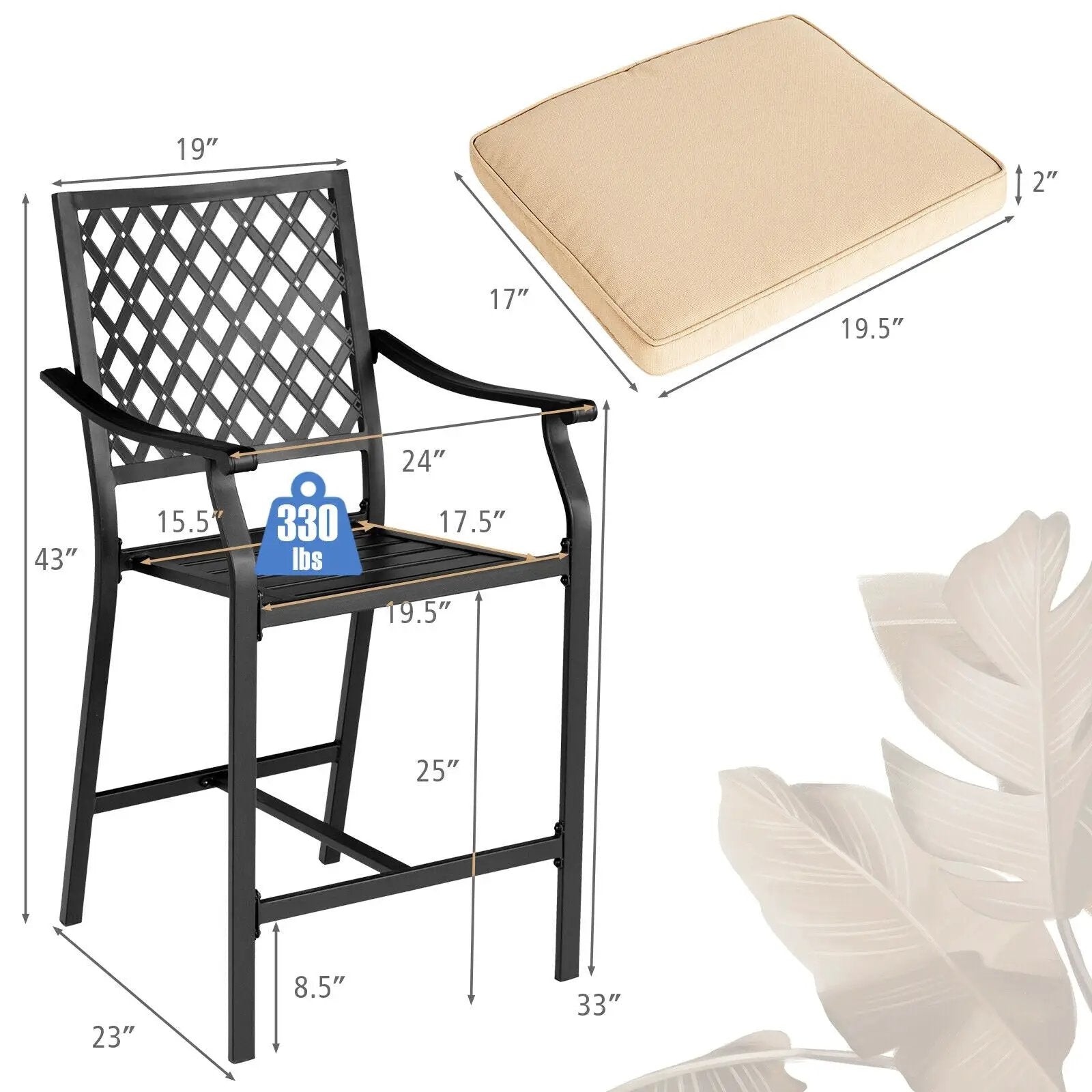 2 Pieces Patio Bar Stool with Height Cushion and Armrest by DirectDeals