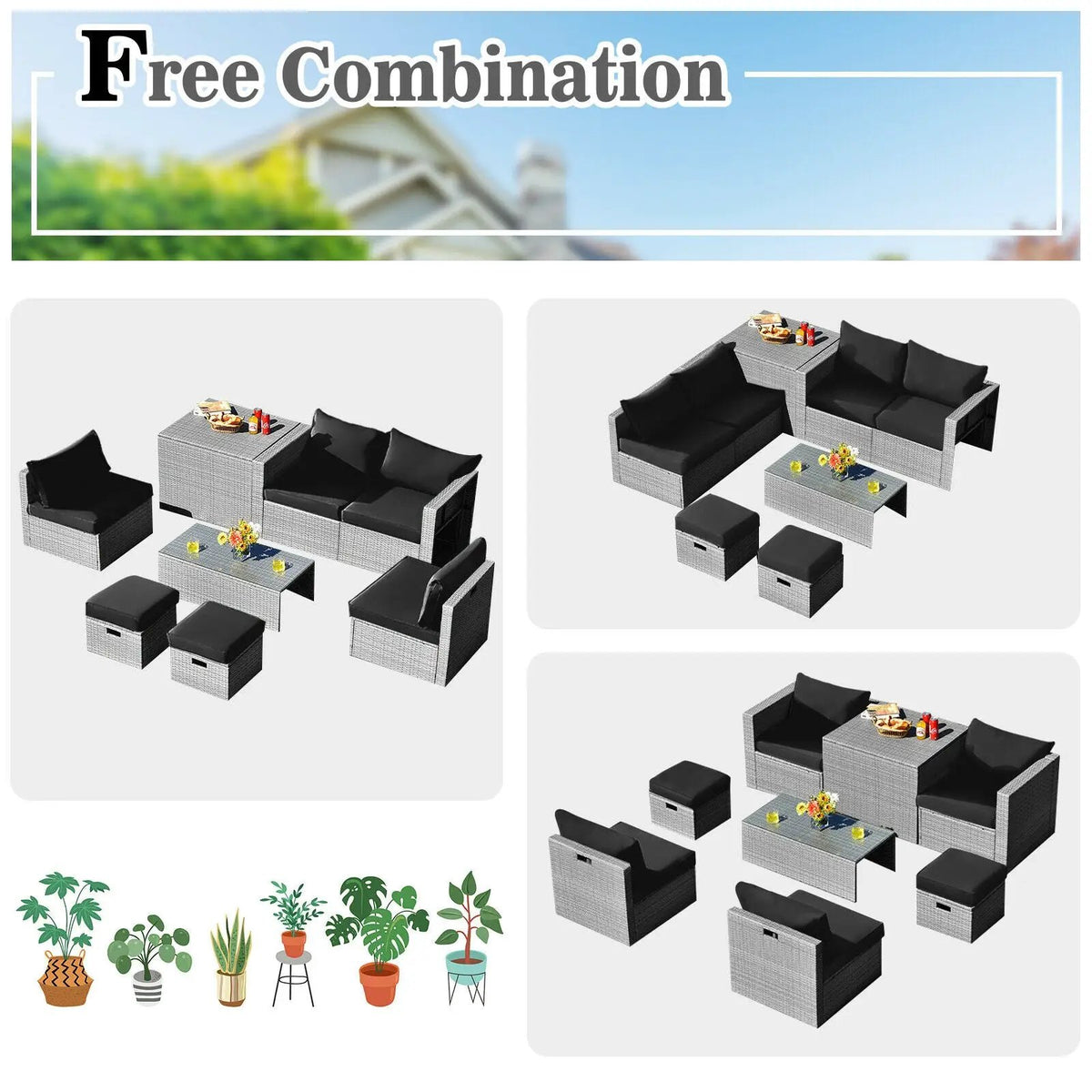 8 Pieces Patio Rattan Furniture Set with Storage Waterproof Cover and Cushion, photo 6 of 13