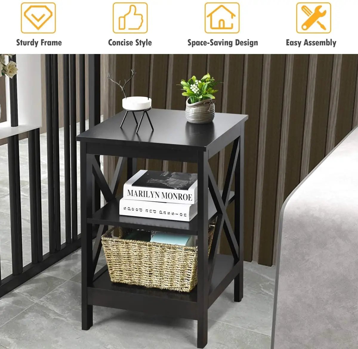 3-Tier X-Design Nightstands with Storage Shelves for Living Room Bedroom by DirectDeals